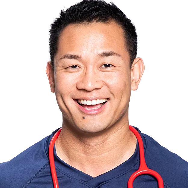 A man with a red stethoscope on his chest.